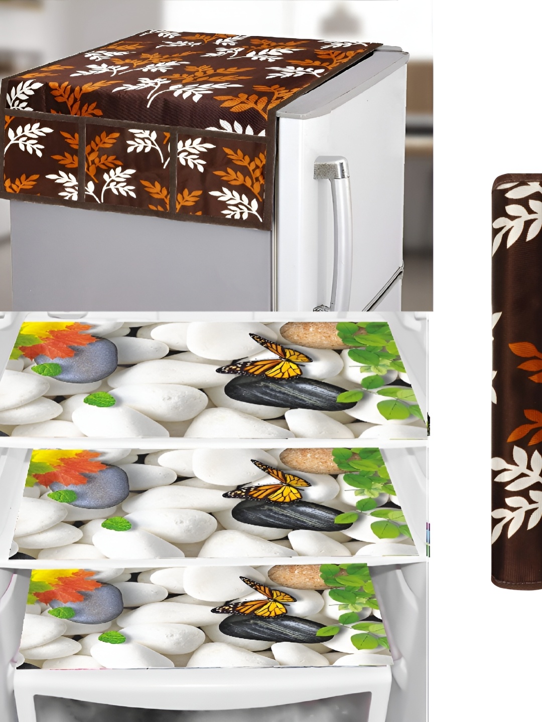 

REVEXO Brown & White 5 Pieces Printed Fridge Top Cover Handle Covers & Mats