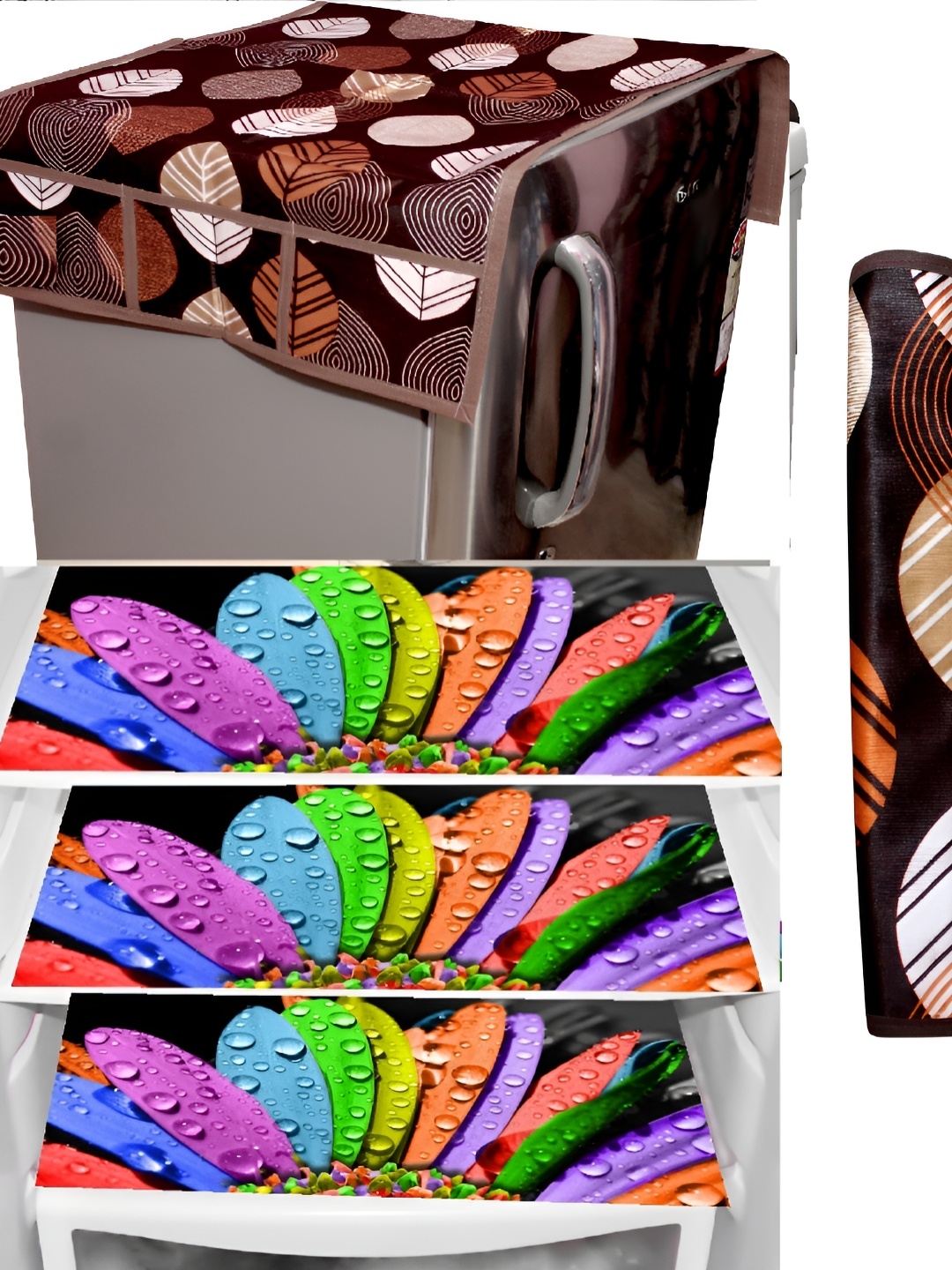 

REVEXO Brown & Black 5 Pcs Printed Fridge Top Cover & Mats