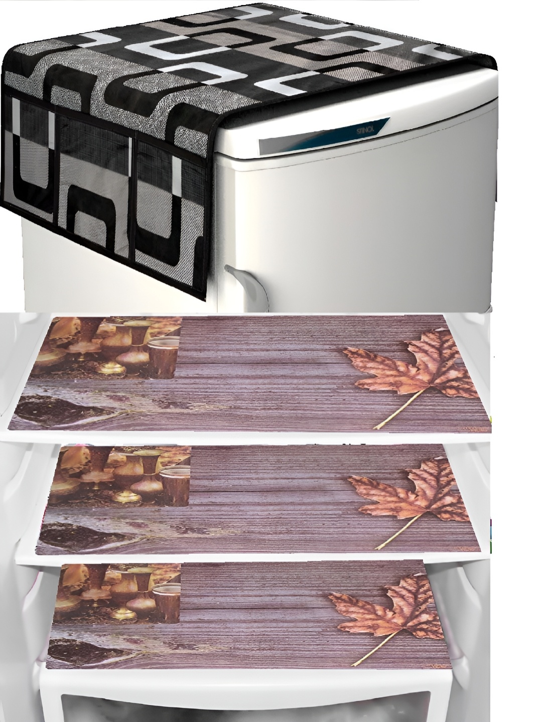 

REVEXO Grey & Brown 5 Pieces Printed Fridge Top Cover Handle Covers & Mats