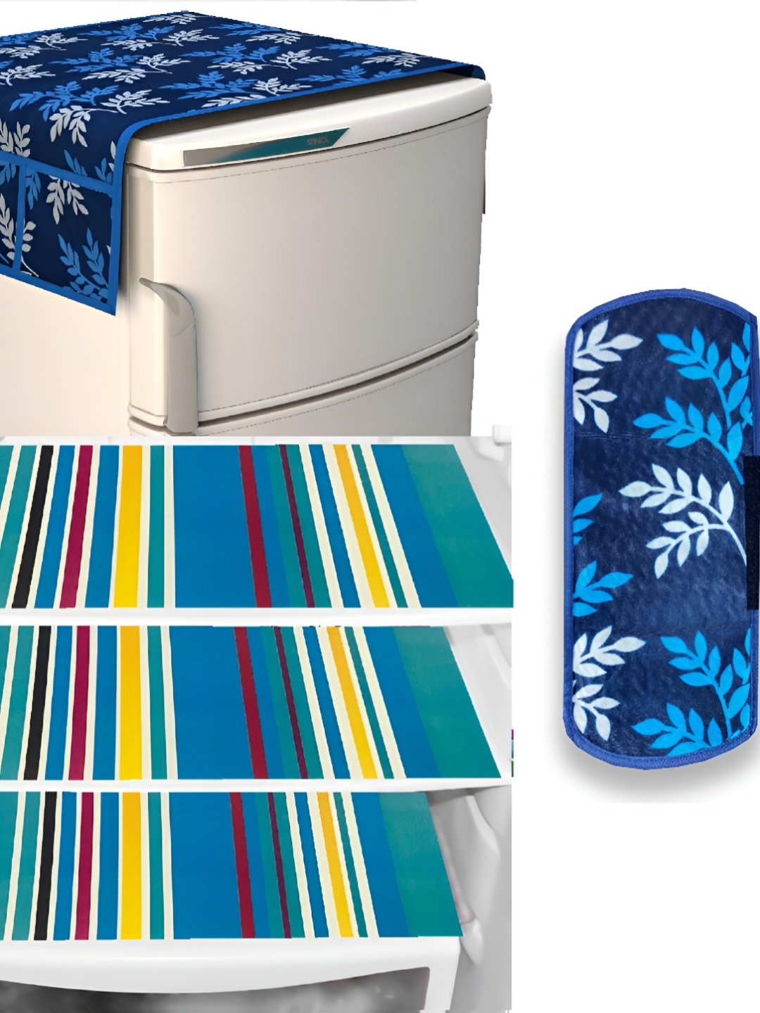 

REVEXO 5-Pcs Blue & White Printed Fridge Top Cover & Mats