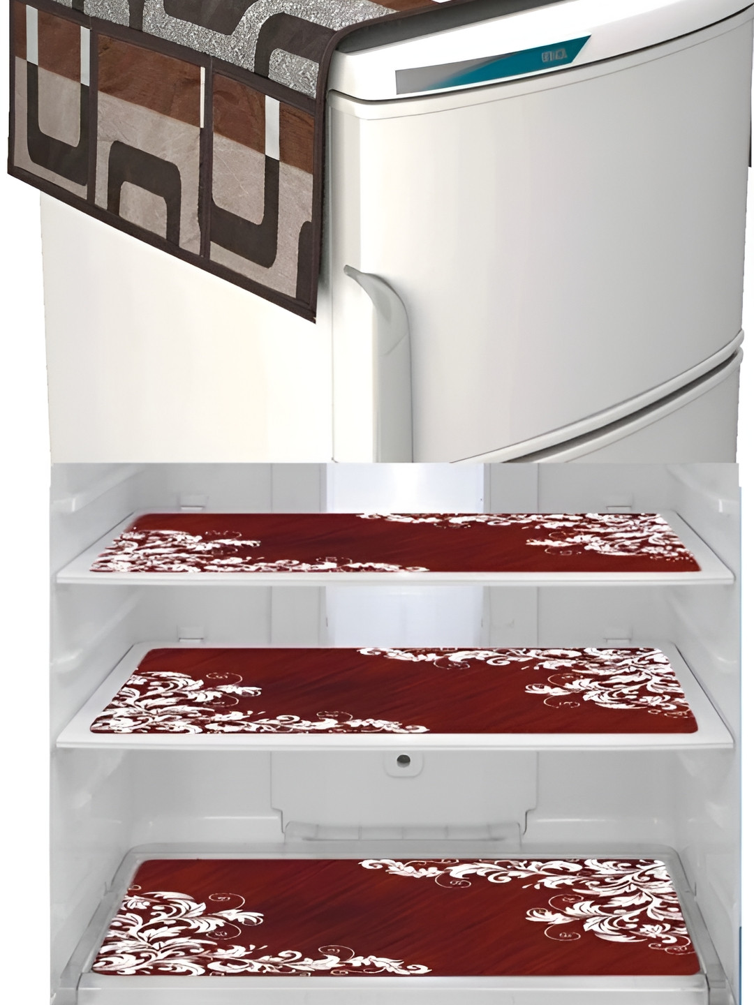 

REVEXO Brown & Maroon 4 Pieces Fridge Top Cover & Mats