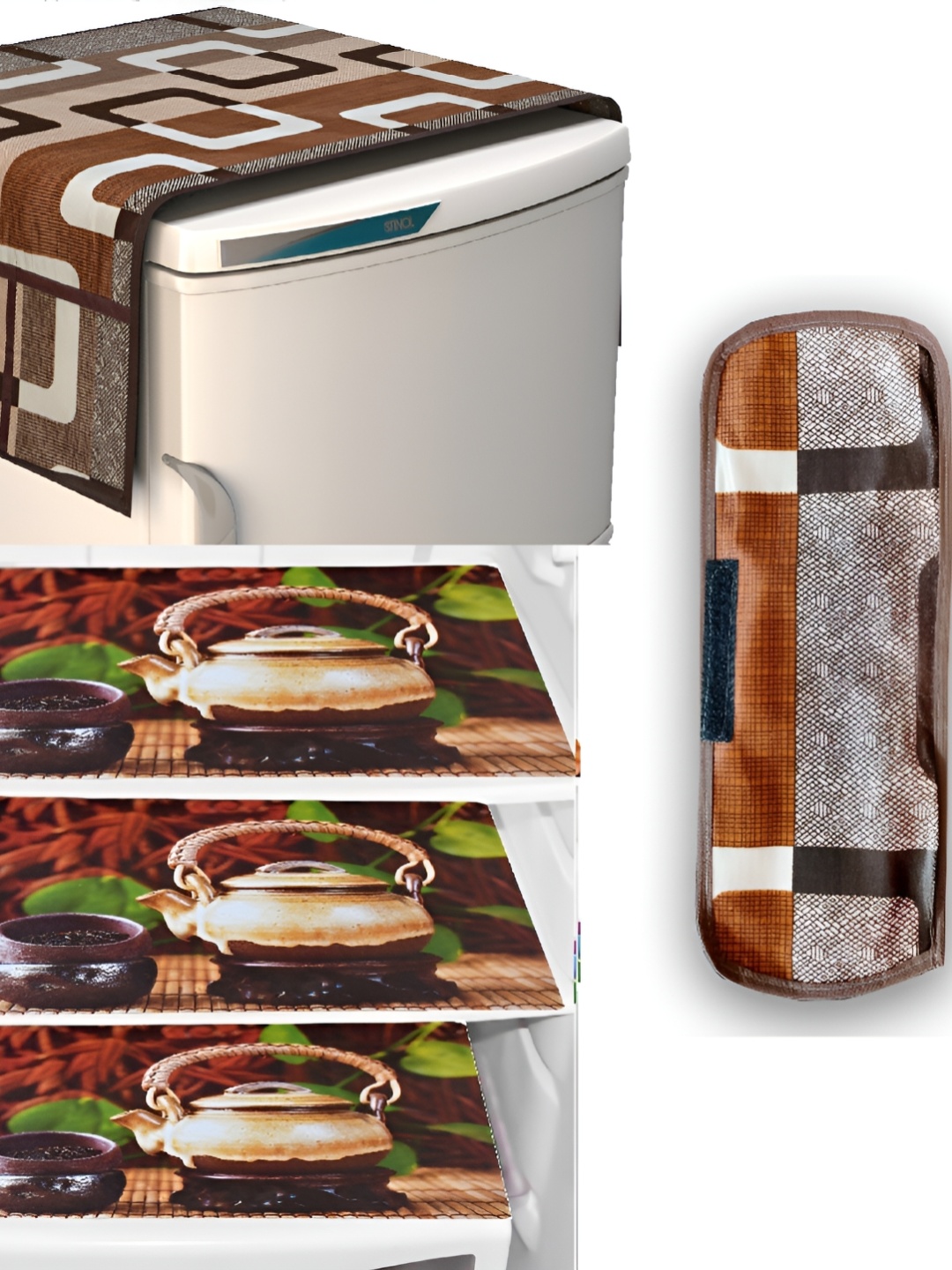 

REVEXO Brown & Maroon 5 Pieces Printed Fridge Top Cover Handle Covers & Mats