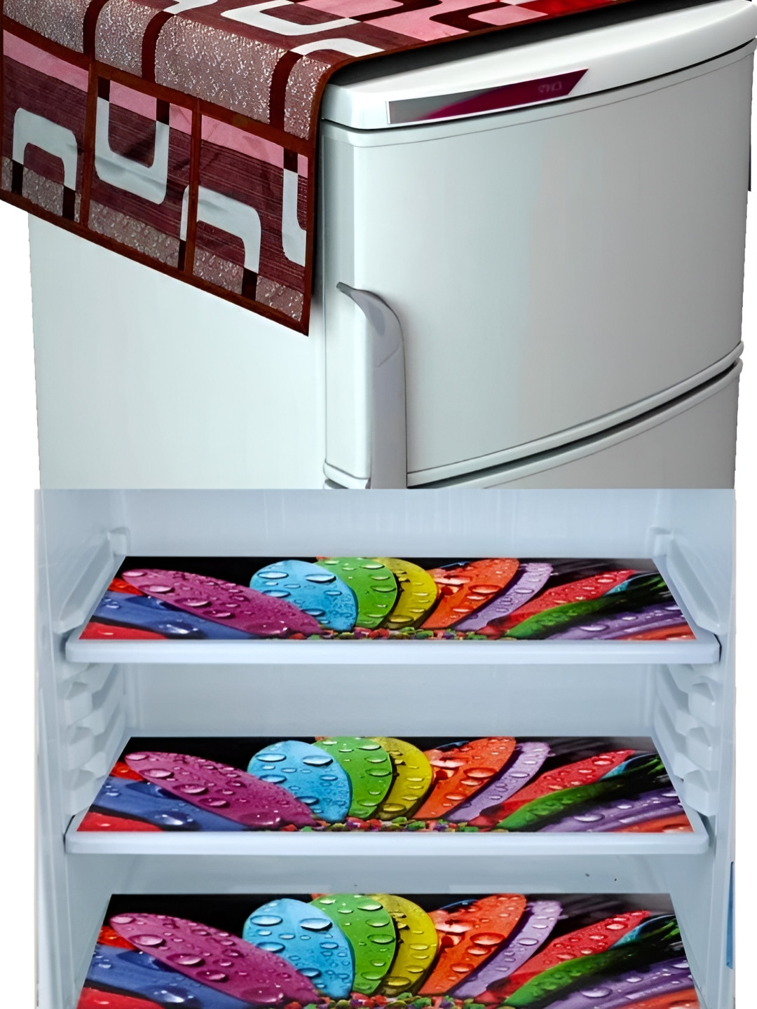 

REVEXO Black & Burgundy 4 Pieces Printed Fridge Top Cover & Mats
