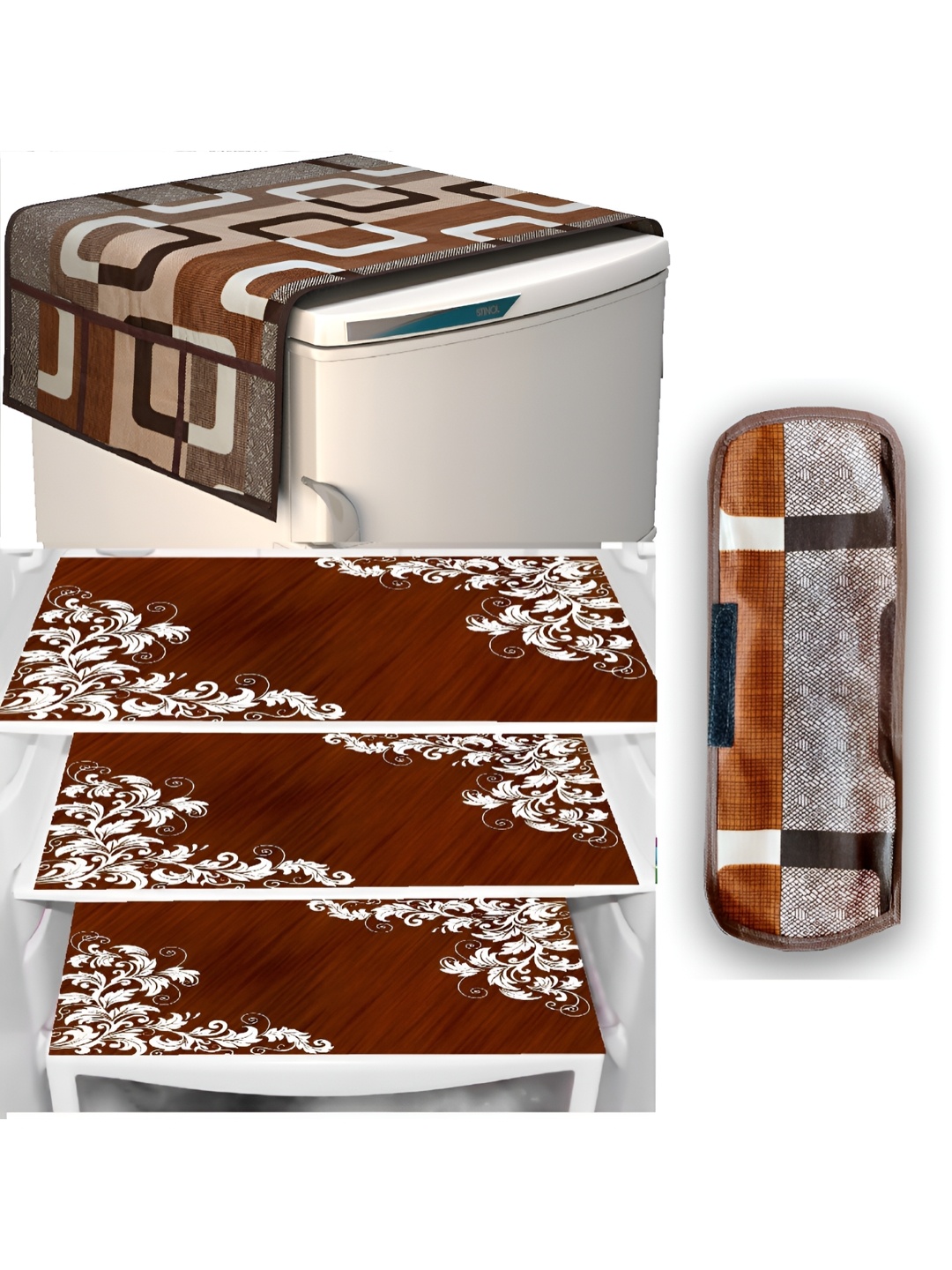 

REVEXO Brown & White 5 Pieces Refrigerator covers, Mats & Handle Cover