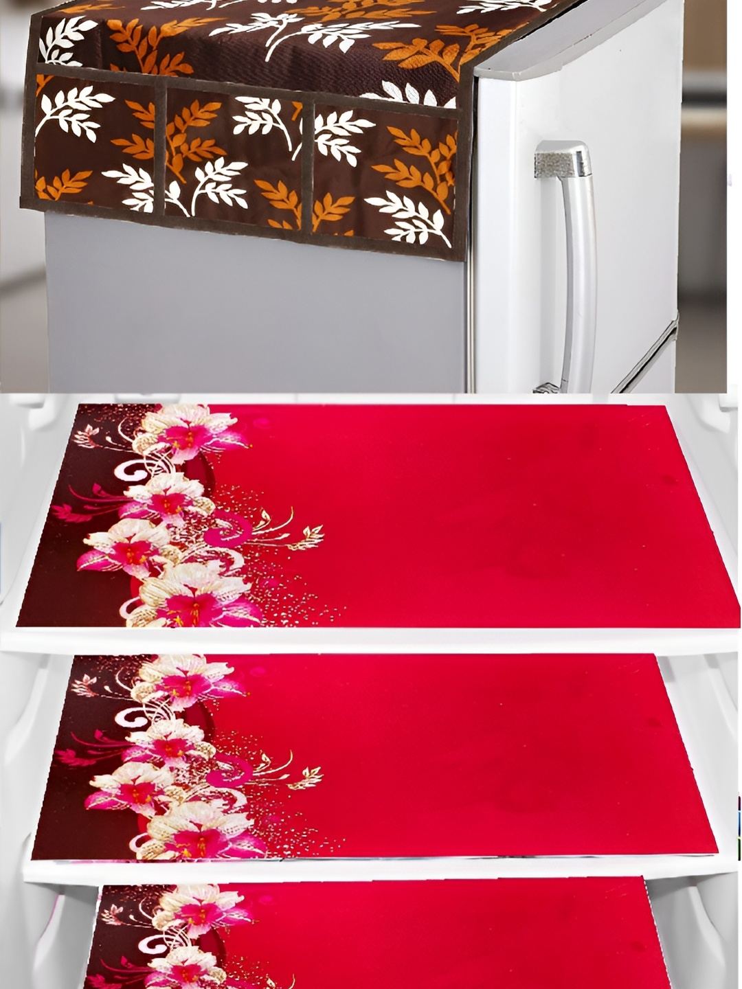 

REVEXO Brown & Red 4 Pieces Printed Fridge Top Cover & Mats