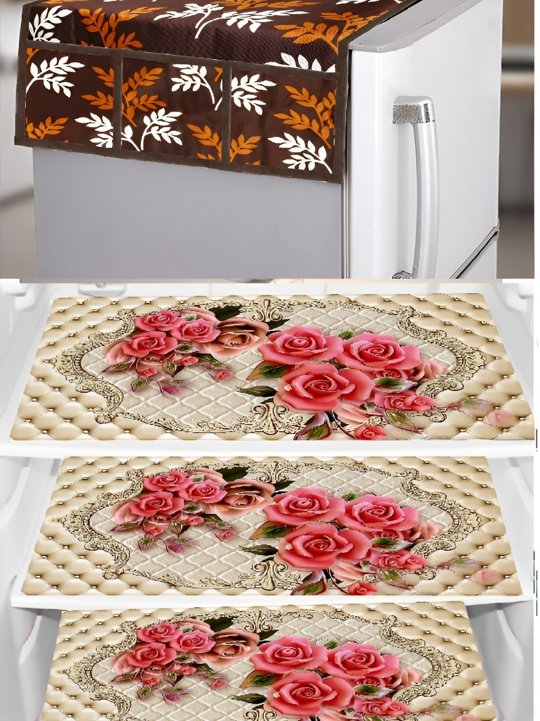 

REVEXO Brown & Pink 4 Pieces Refrigerator covers & Mats, Multi