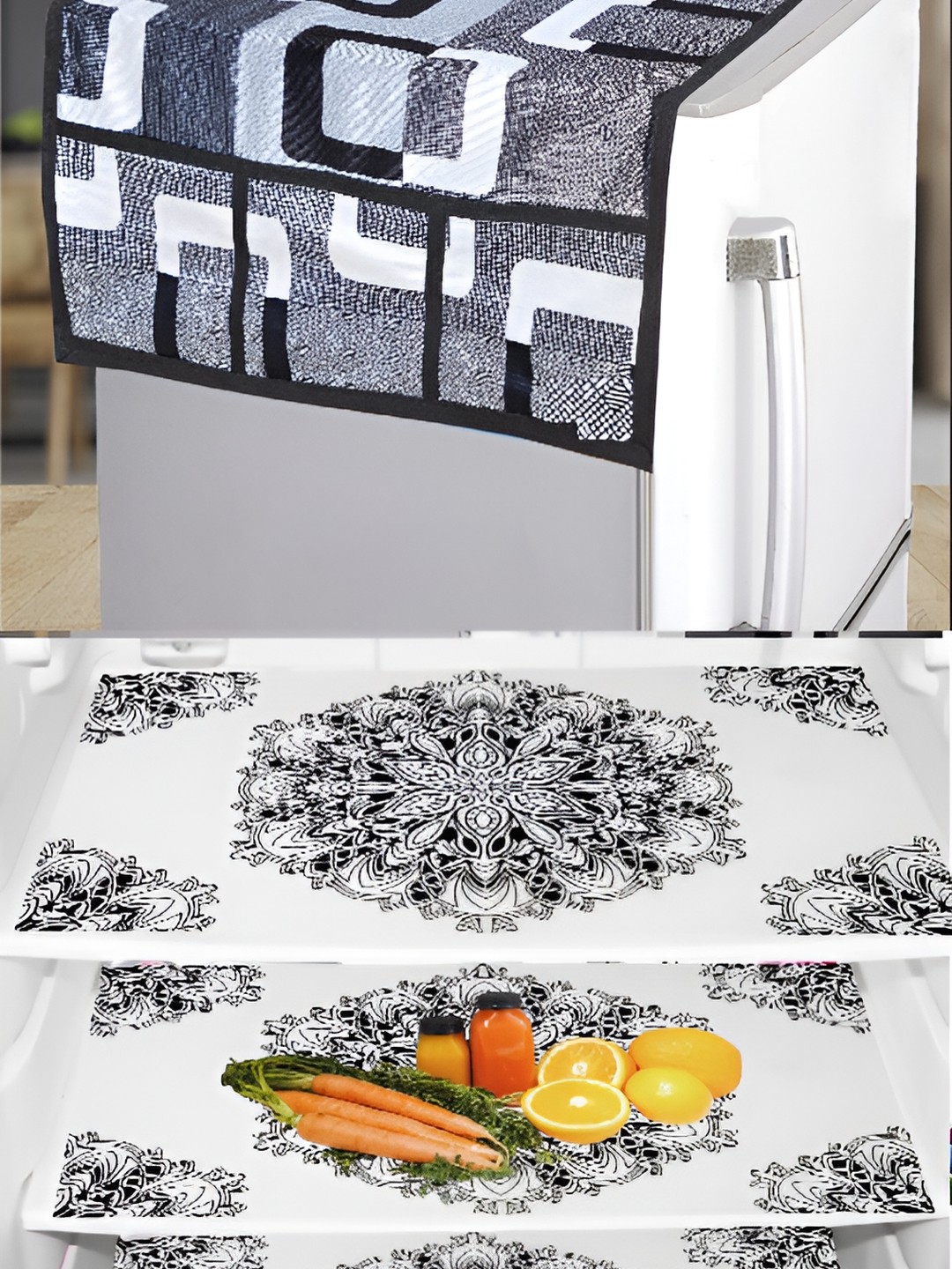 

REVEXO White & Grey 4 Pieces Printed Fridge Top Cover & Mats
