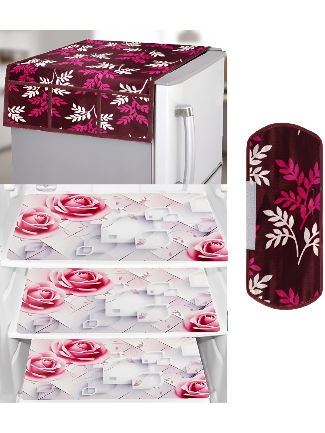 

REVEXO Burgundy & White 5 Pieces Printed Fridge Top Cover Handle Covers & Mats
