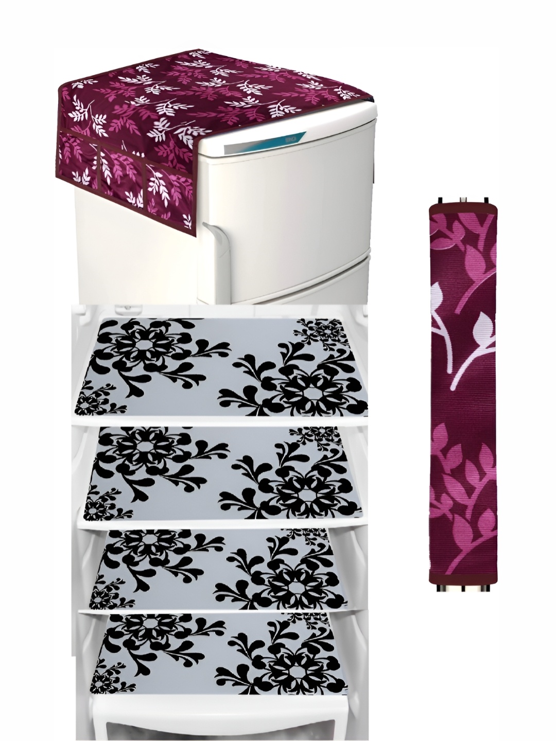 

REVEXO White & Burgundy 6 Pieces Printed Fridge Top Cover Handle Covers & Mats