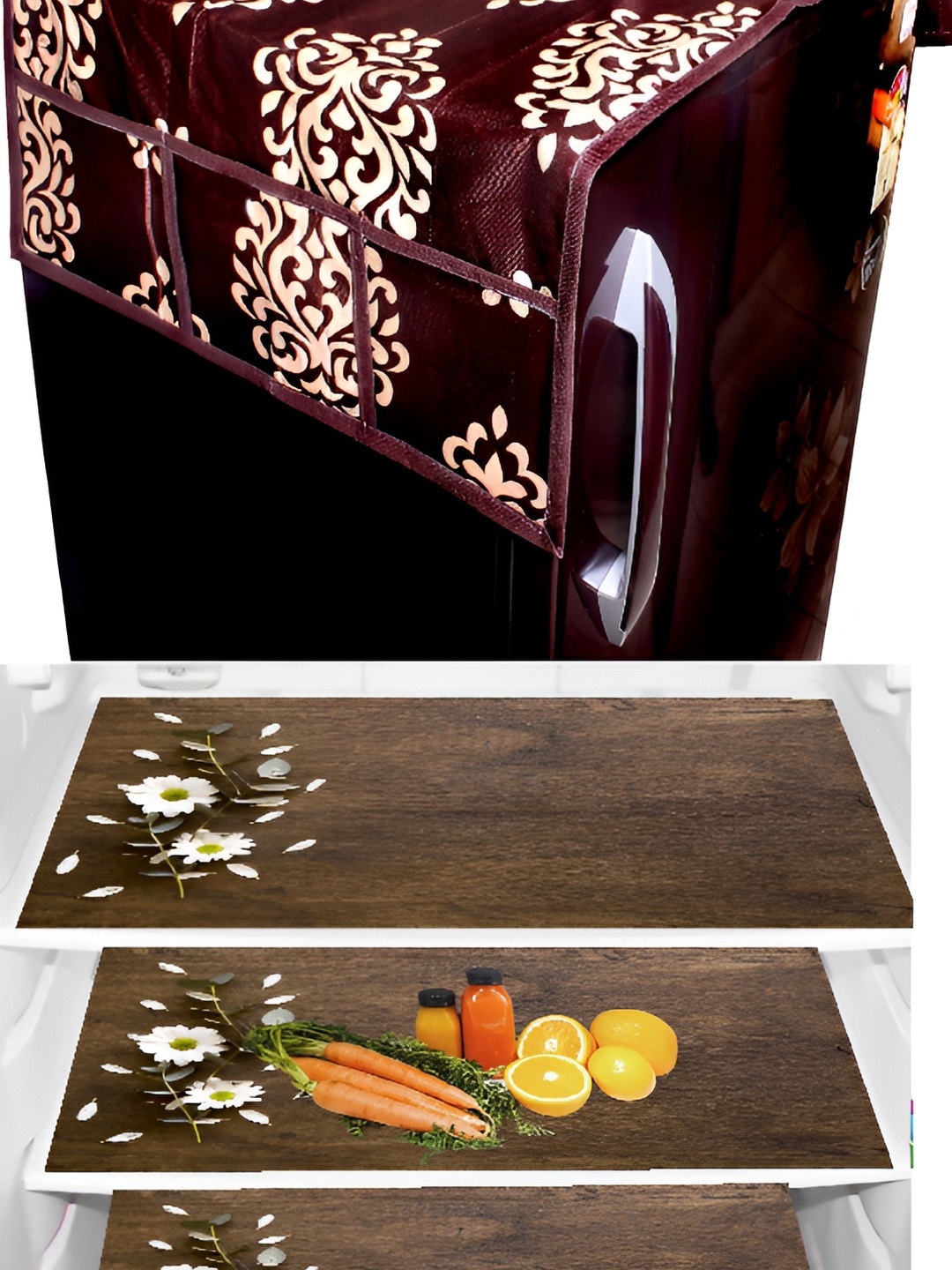 

REVEXO Brown & Maroon 4 Pieces Refrigerator Cover & Mats