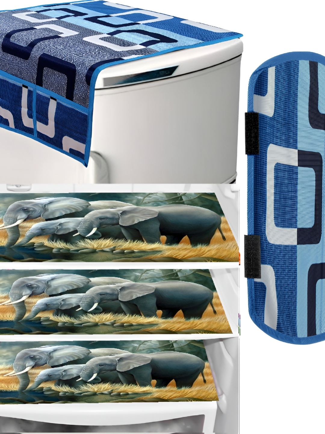 

REVEXO Brown & Blue 5 Pcs Printed Fridge Top Cover Handle Covers & Mats