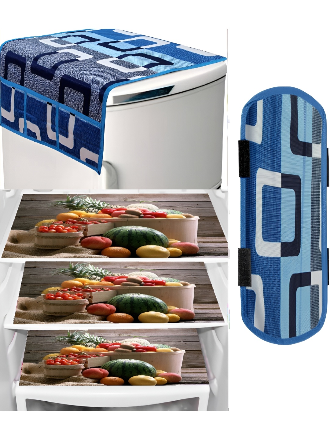 

REVEXO Blue & Brown 5 Pcs Printed Fridge Top Cover & Mats