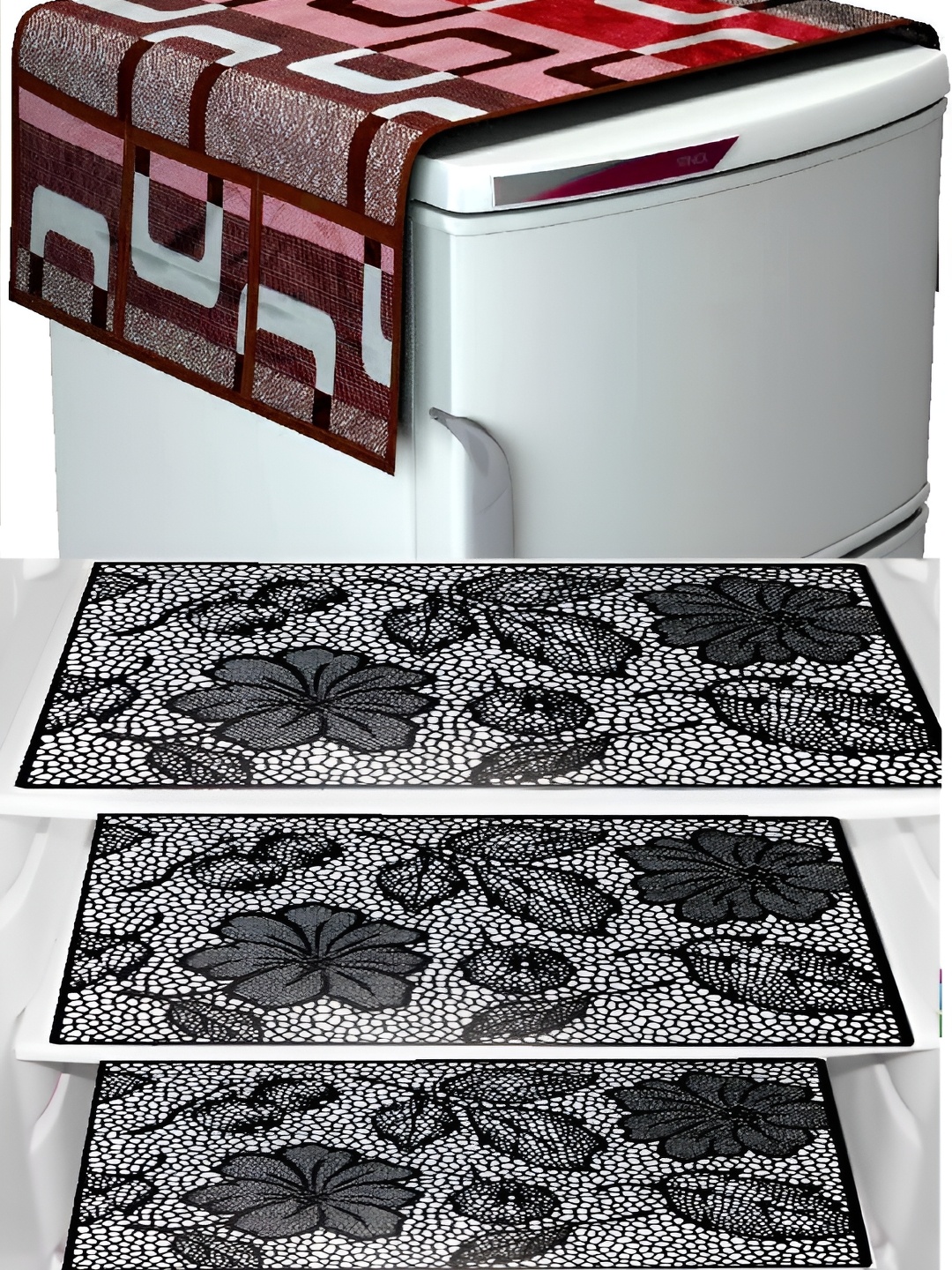 

REVEXO Red & Brown 4 Pieces Printed Fridge Top Cover & Mats