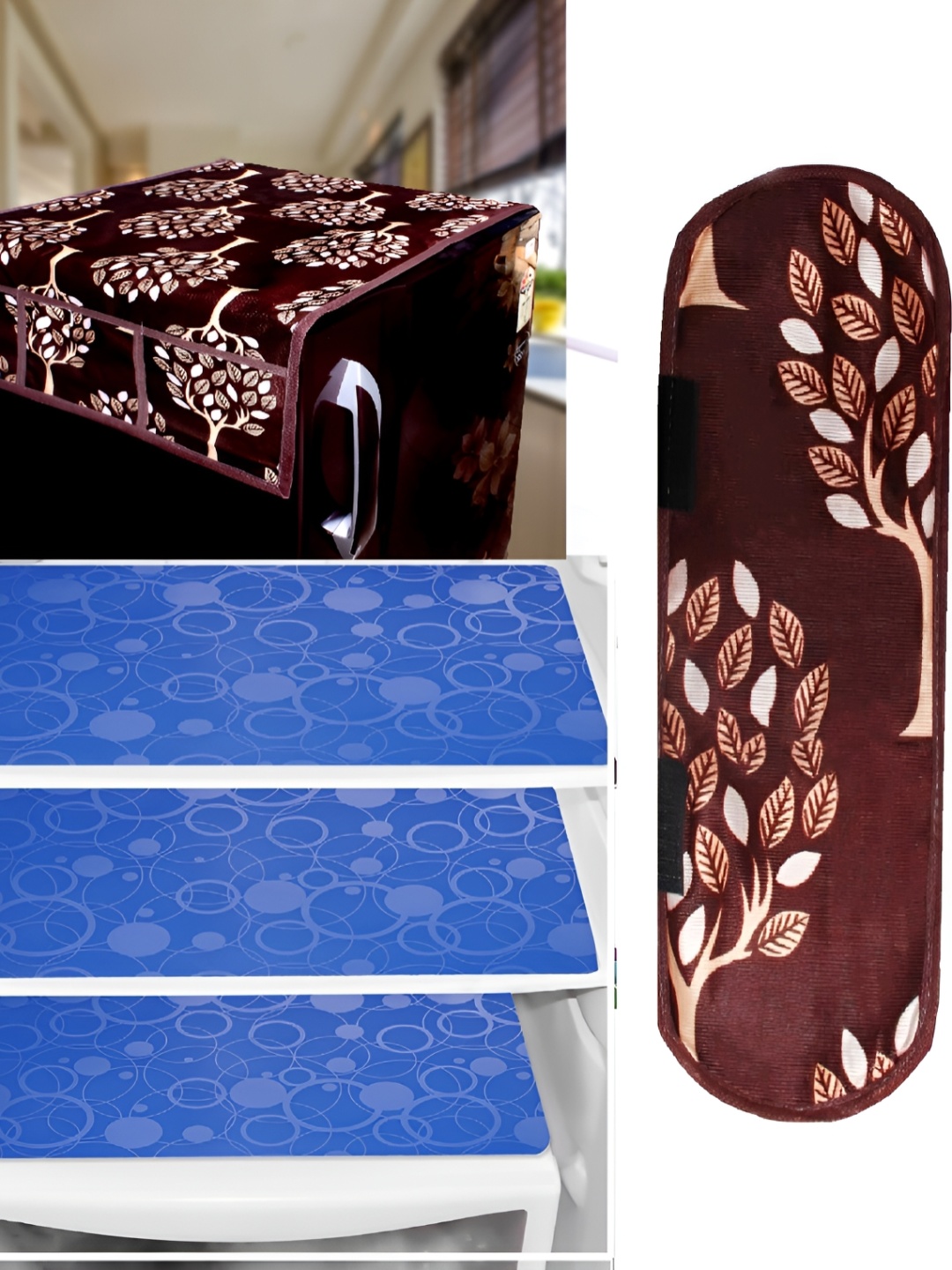 

REVEXO Burgundy & Blue 5 Pieces Printed Fridge Top Cover Handle Covers & Mats