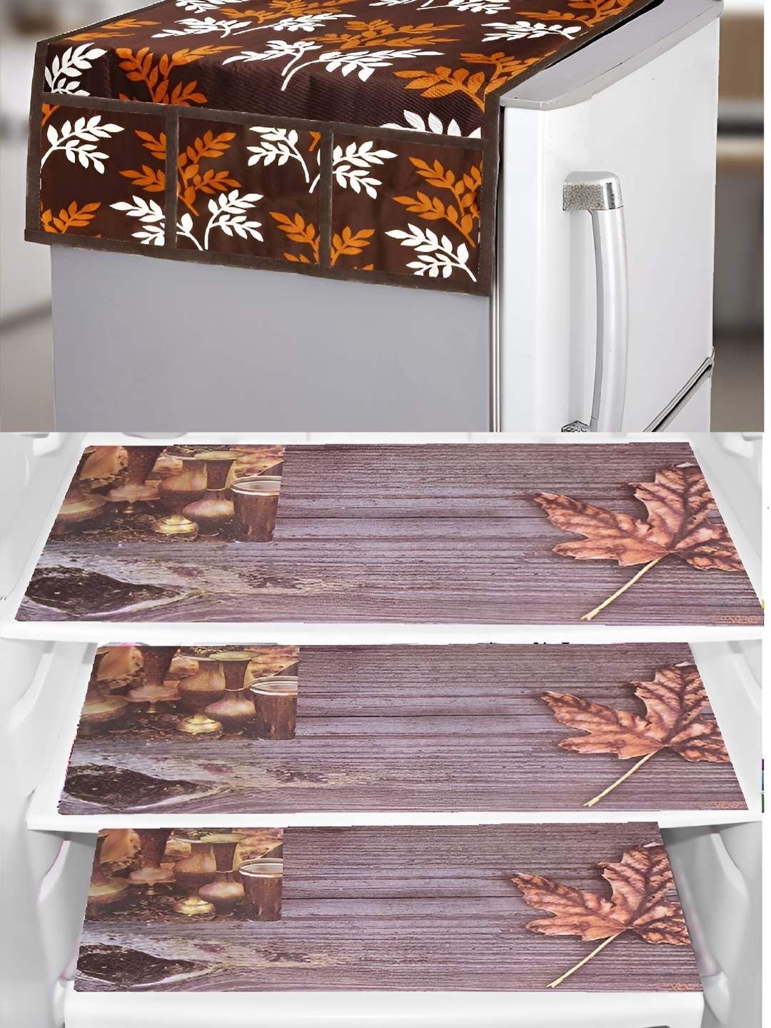 

REVEXO Brown & White 4 Pieces Refrigerator covers & Mats