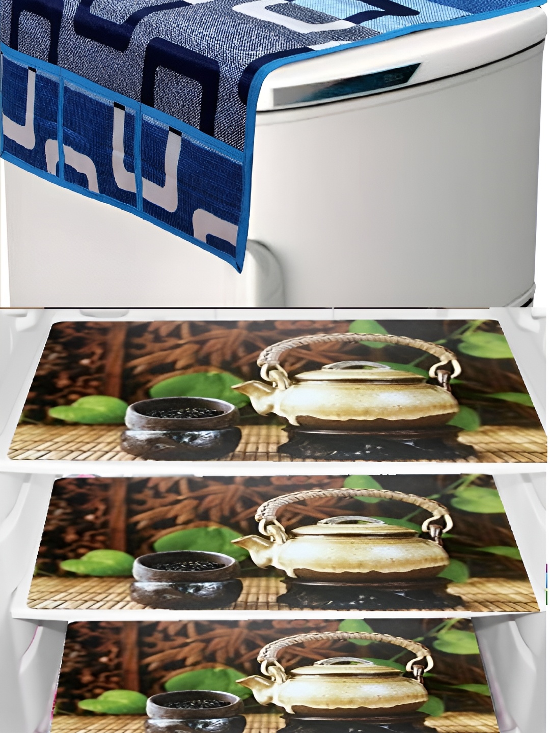 

REVEXO Blue & Brown 4 Pieces Printed Fridge Appliance Covers