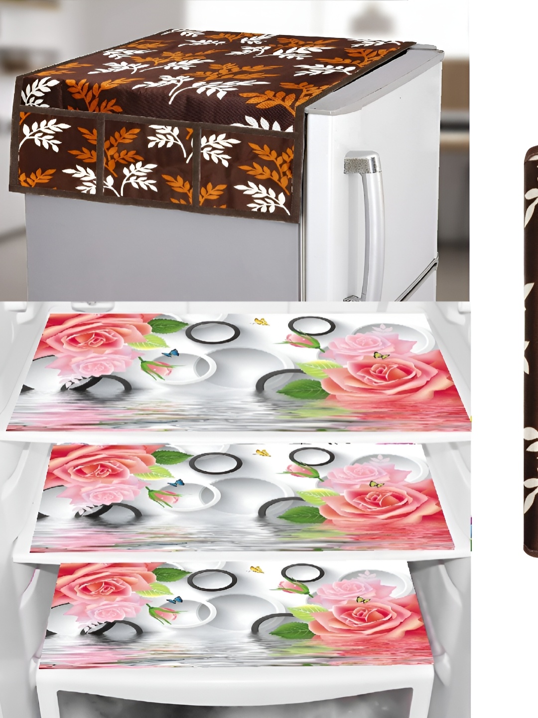 

REVEXO Brown & White 5-Pcs Printed Refrigerator covers, Mats & Handle Cover