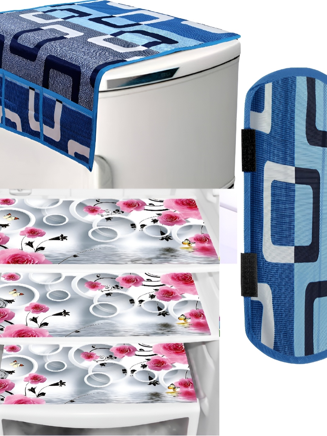 

REVEXO Grey & Blue 5 Pieces Printed Fridge Top Cover Handle Covers & Mats