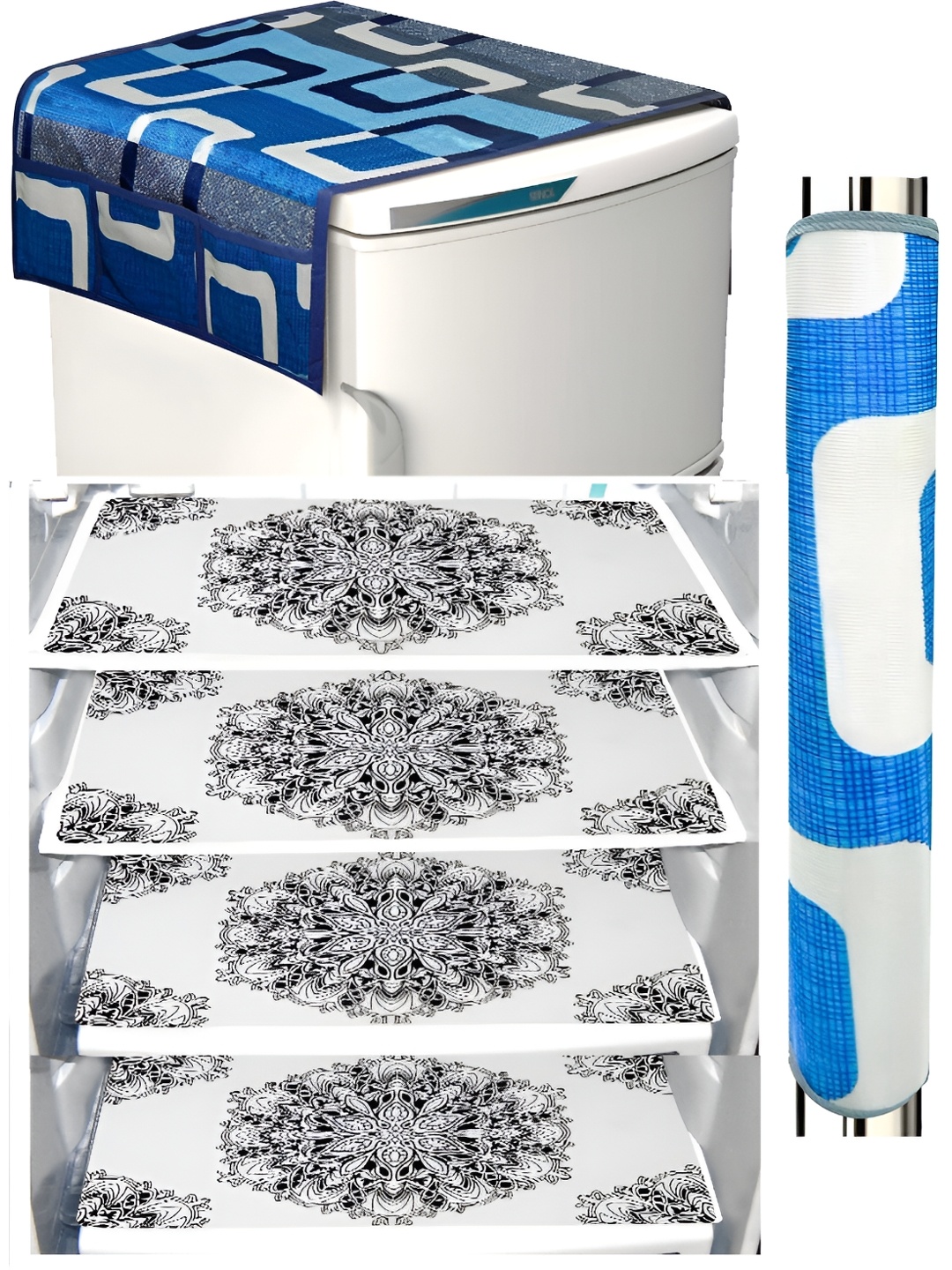 

REVEXO Black & Blue 6 Pieces Printed Fridge Top Cover Handle Covers & Mats