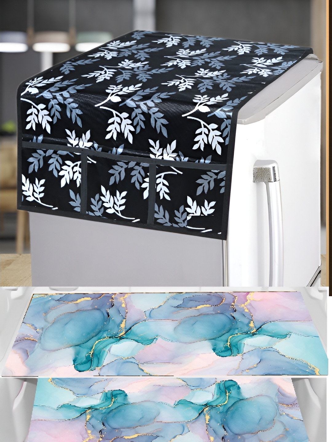 

REVEXO Black & Blue 4 Pieces Printed Refrigerator Covers