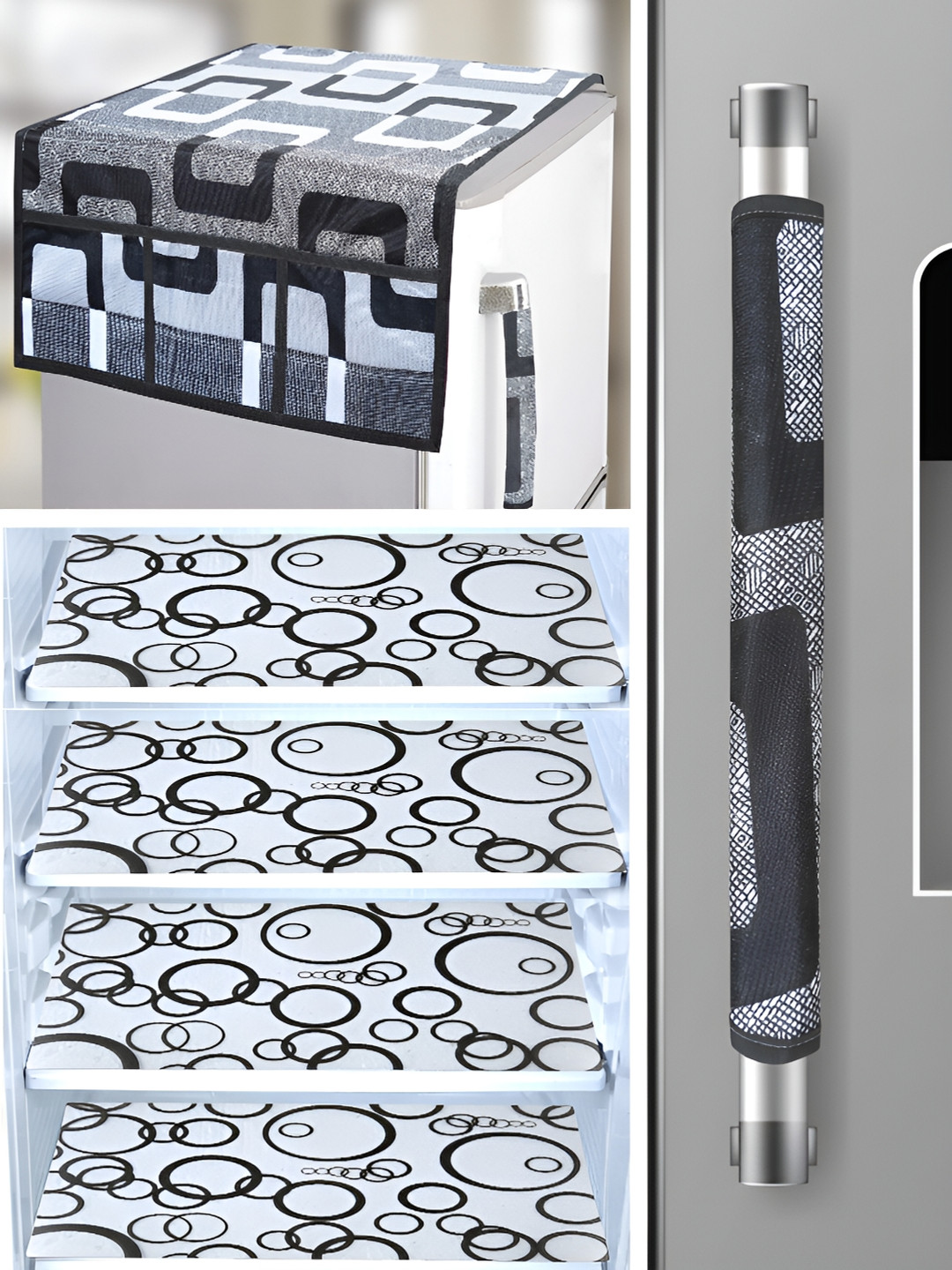 

REVEXO Black & Grey 5 Pieces Printed Fridge Top Cover Handle Covers & Mats