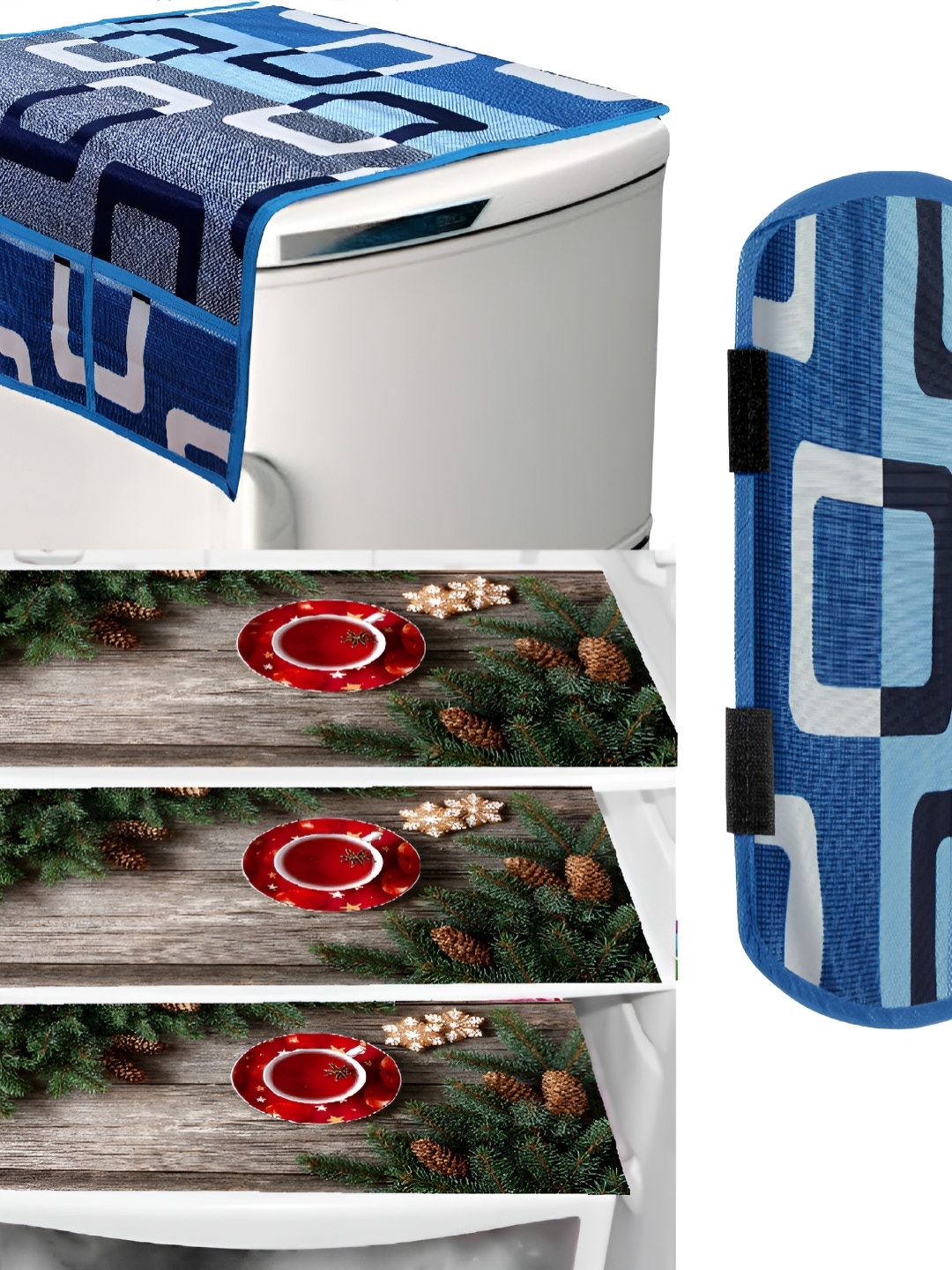

REVEXO Blue & Green 5 Pieces Printed Refrigerator Covers