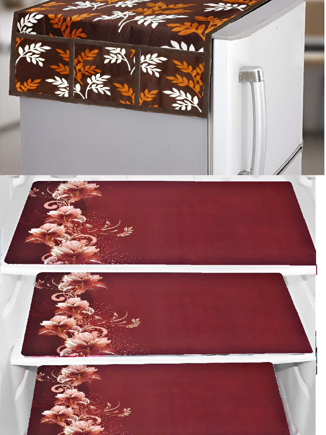 

REVEXO Brown & Maroon 4Pcs Printed Refrigerator covers & Mats