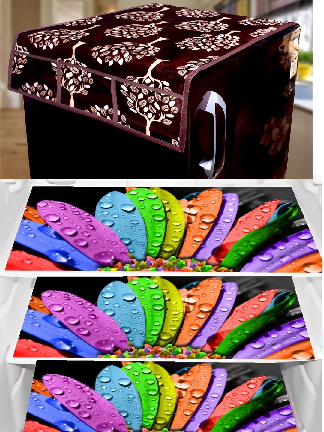 

REVEXO Black & Burgundy 4 Pieces Printed Fridge Top Cover & Mats