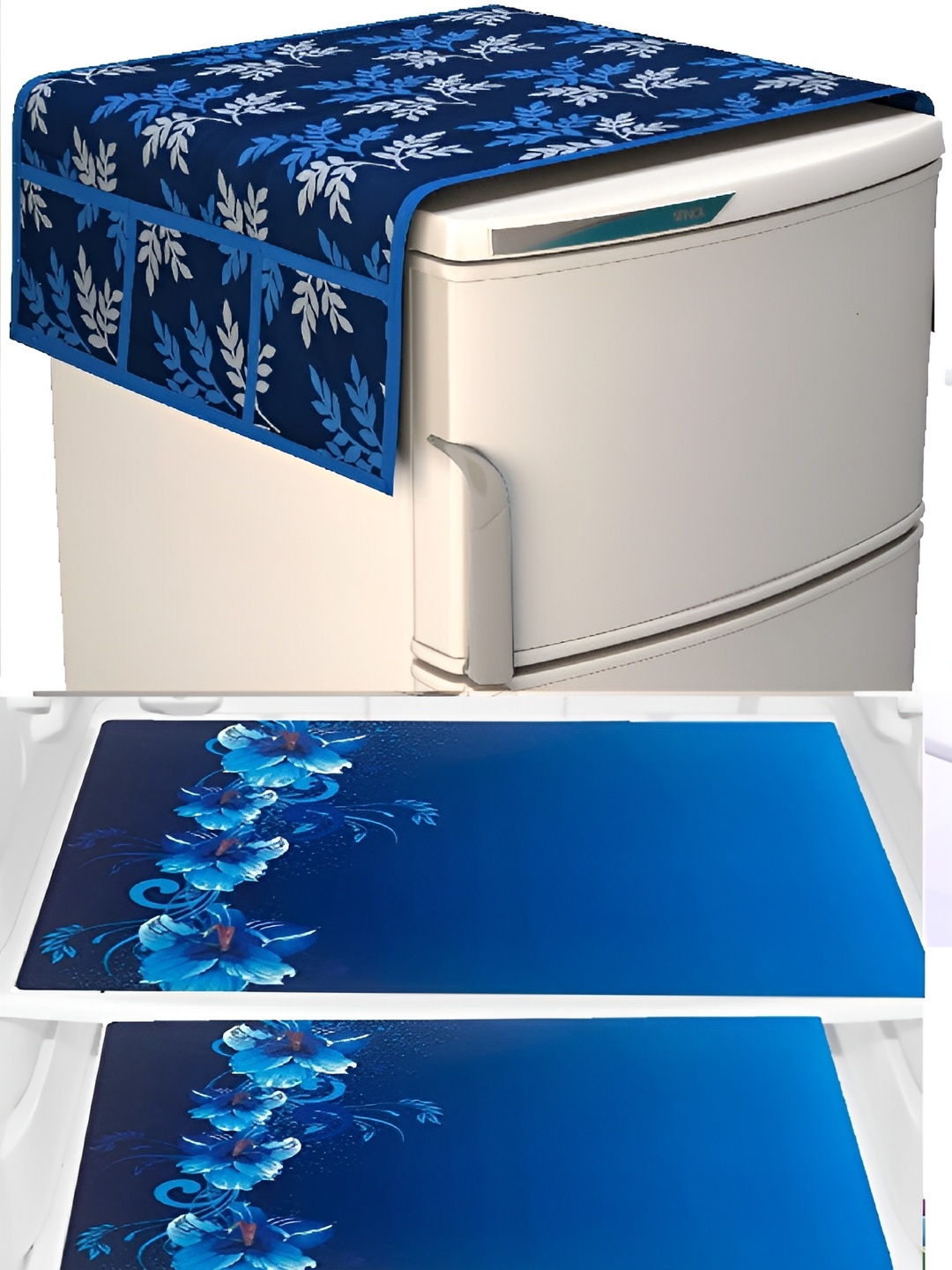 

REVEXO Blue & White 4 Pieces Printed Fridge Top Cover & Mats