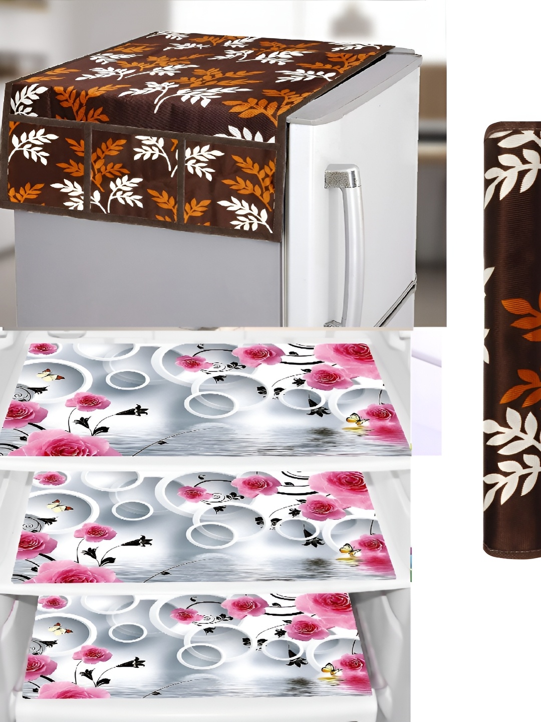

REVEXO Brown & White 5 Pieces Refrigerator covers, Mats & Handle Cover