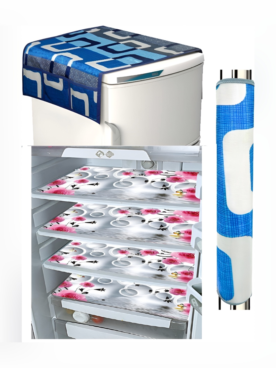 

REVEXO White & Blue 6 Pieces Printed Fridge Top Cover Handle Covers & Mats