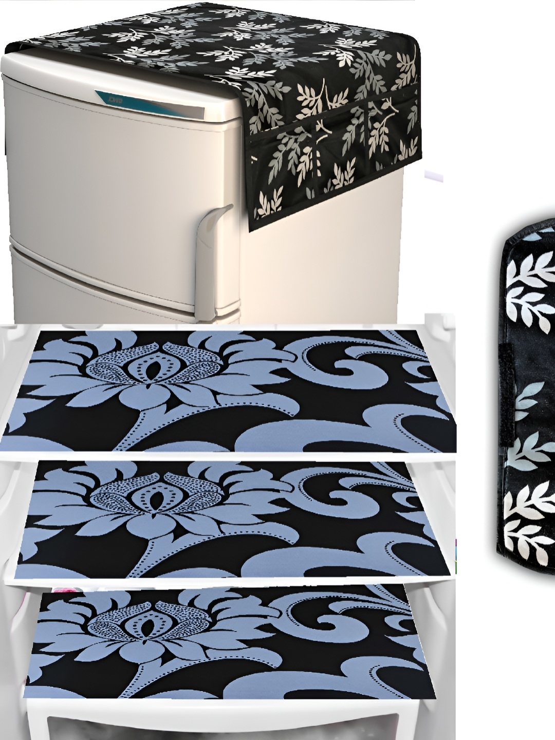 

REVEXO Black & Blue 5 Pieces Floral Printed Fridge Top Cover Handle Covers & Mats