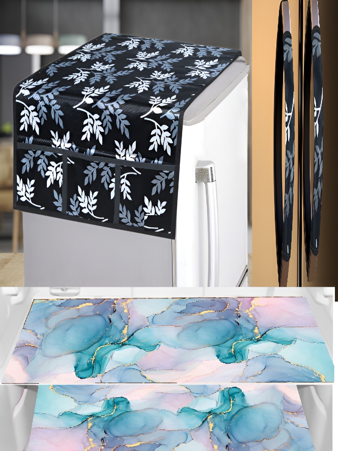 

REVEXO Black & Blue 5 Pcs Printed Fridge Top Cover Handle Covers & Mats