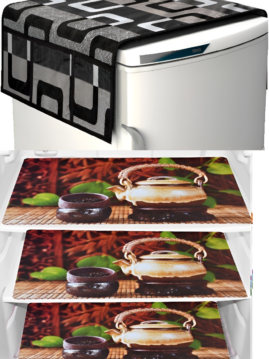 

REVEXO Black & Brown 4 Pieces Printed Fridge Top Cover & Mats