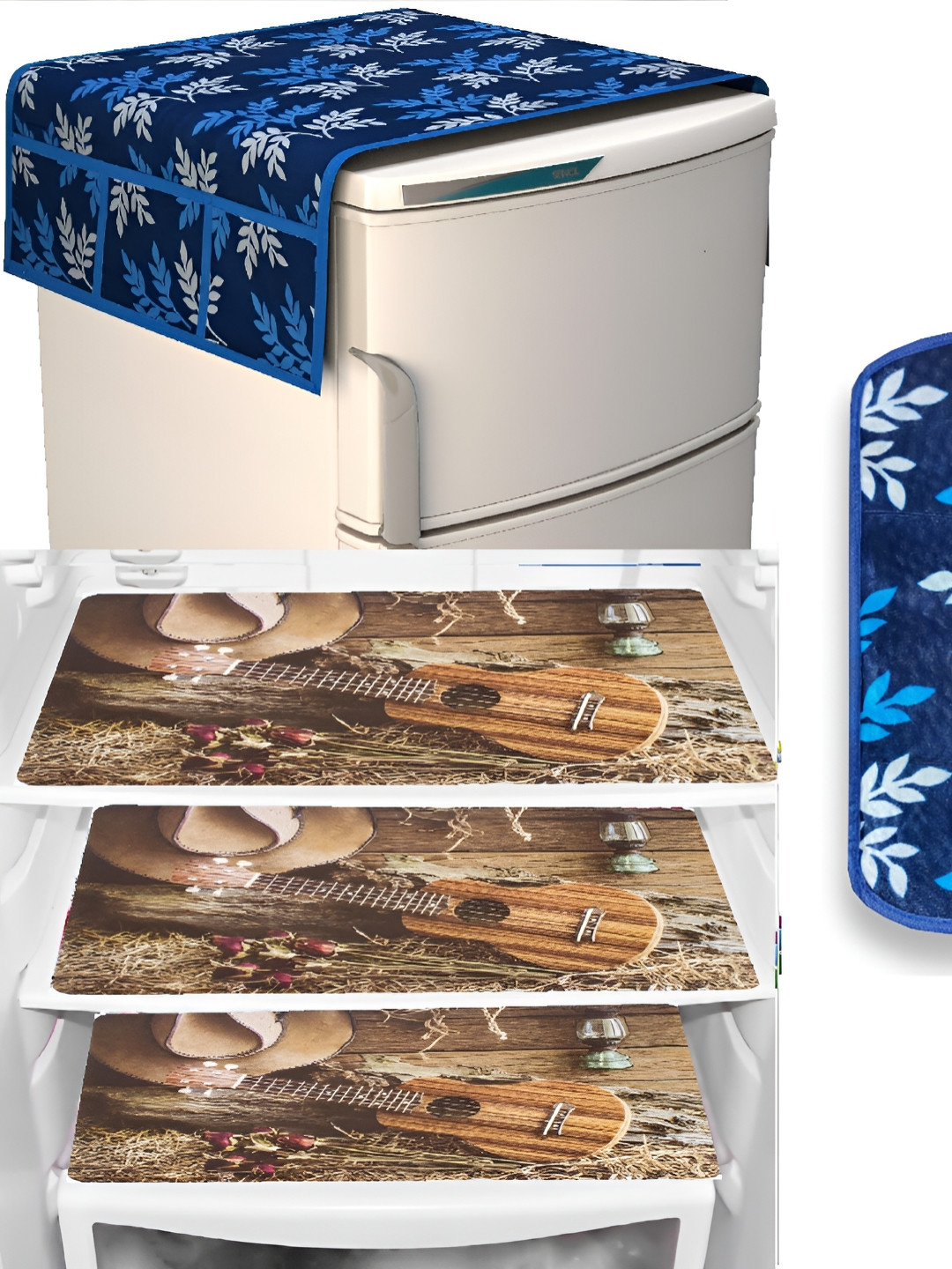 

REVEXO 5 Pcs Brown & Blue Refrigerator Covers, Mats & Handle Covers