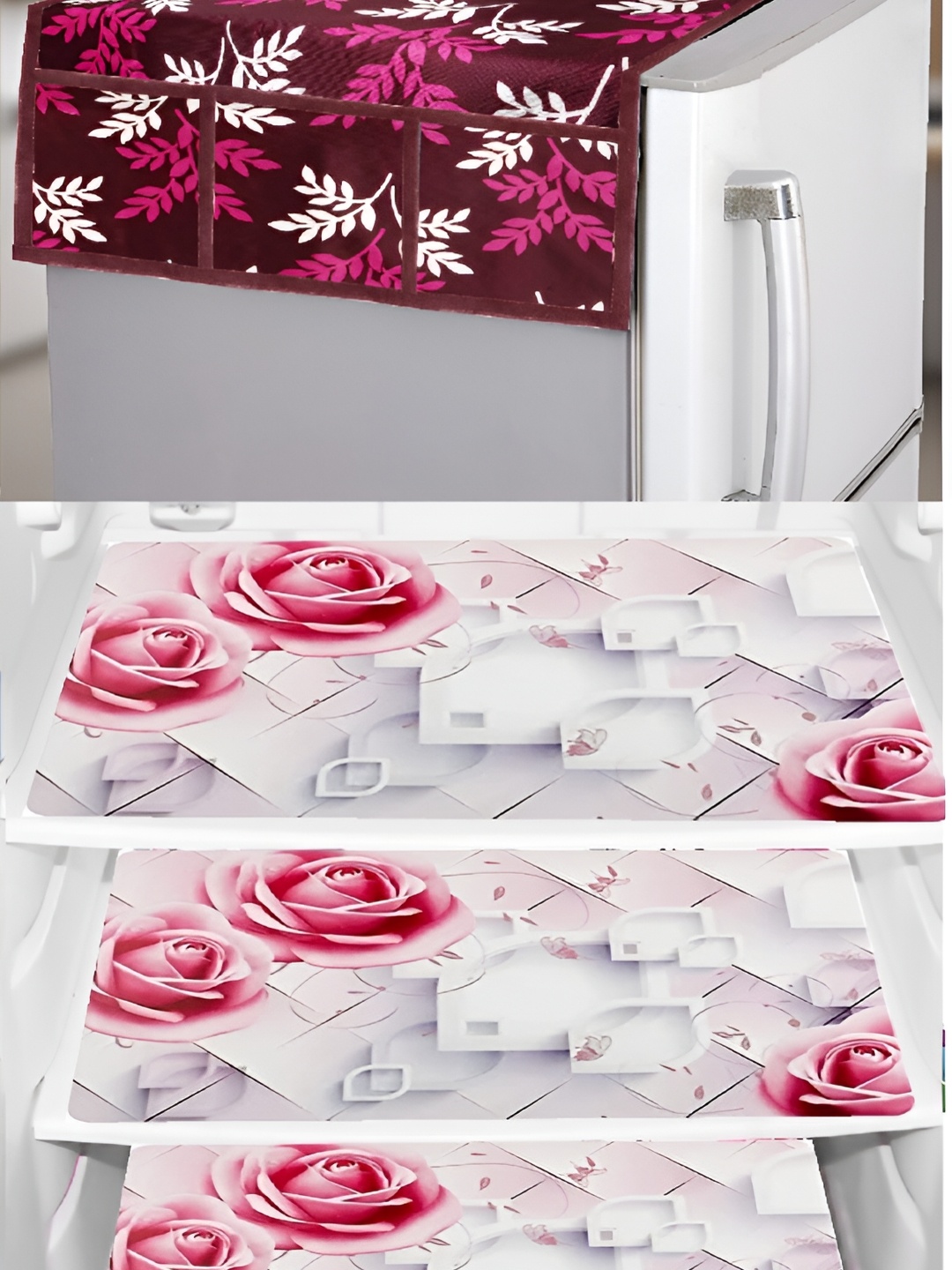 

REVEXO 4-Pcs Maroon & White Printed Fridge Top Cover & Mats, Multi