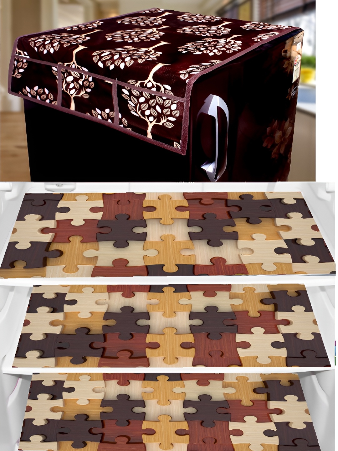 

REVEXO Maroon & Brown 4 Pieces Refrigerator Covers & Mats