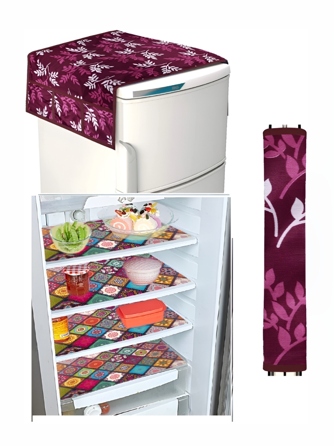 

REVEXO Burgundy & Green 6 Pieces Printed Fridge Top Cover Handle Covers & Mats
