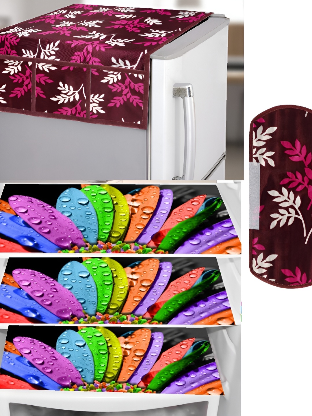 

REVEXO Pink & Black 5-Pcs Printed Refrigerator covers, Mats & Handle Cover