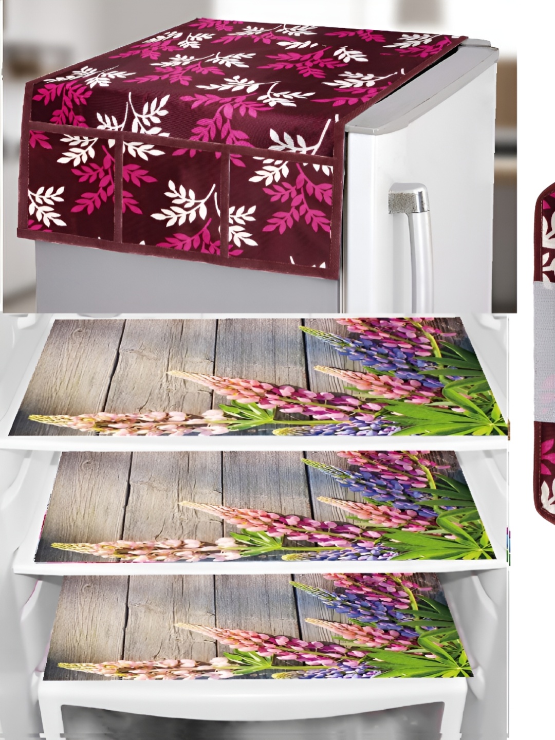 

REVEXO Magenta & Grey 5 Pieces Floral Printed Fridge Appliance Covers