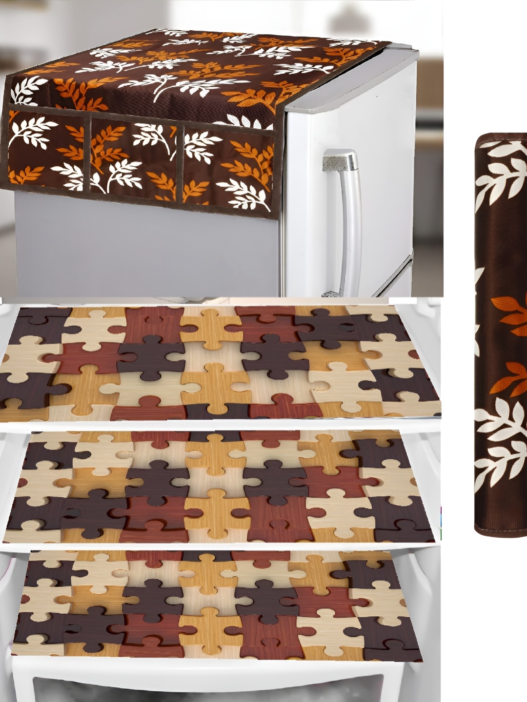 

REVEXO Brown & White 5 Pieces Refrigerator covers, Mats & Handle Cover