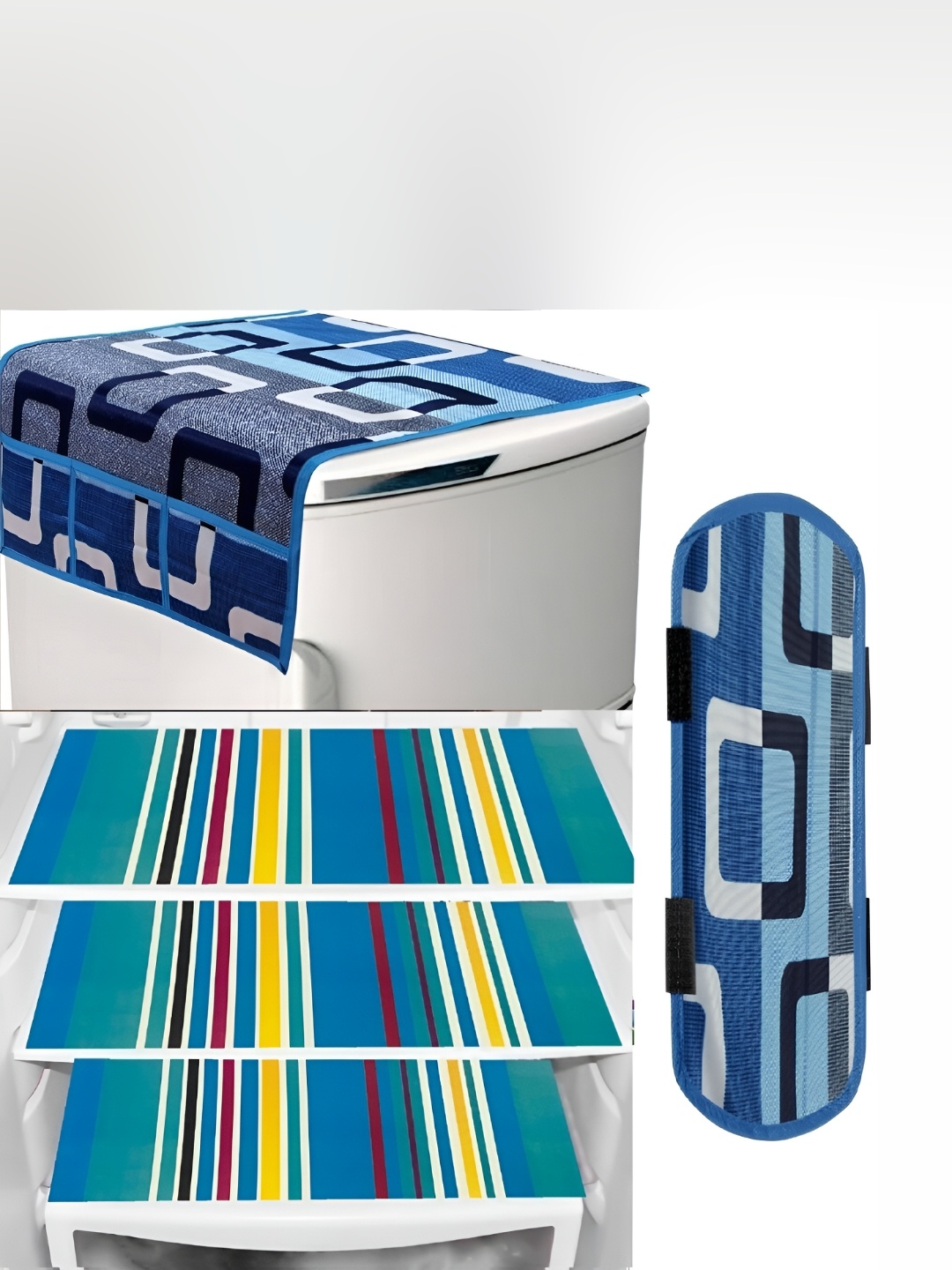

REVEXO 5 Pcs White & Blue Printed Fridge Top Cover Handle Covers & Mats