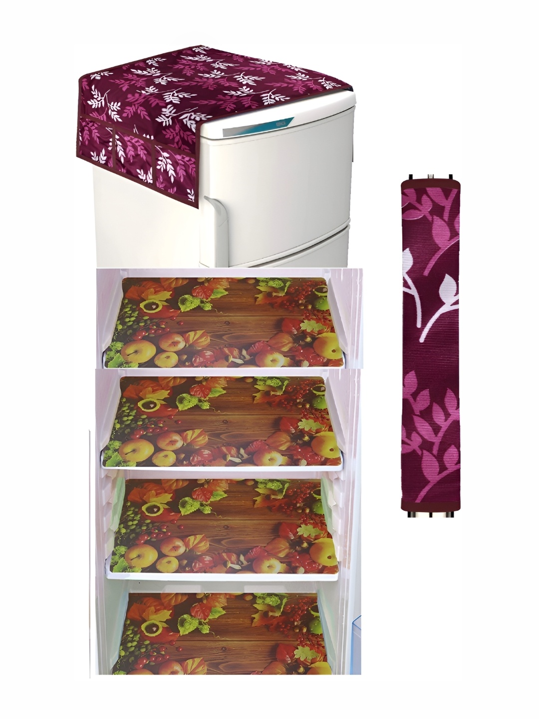 

REVEXO Brown & Pink 5 Pcs Refrigerator covers, Mats & Handle Cover