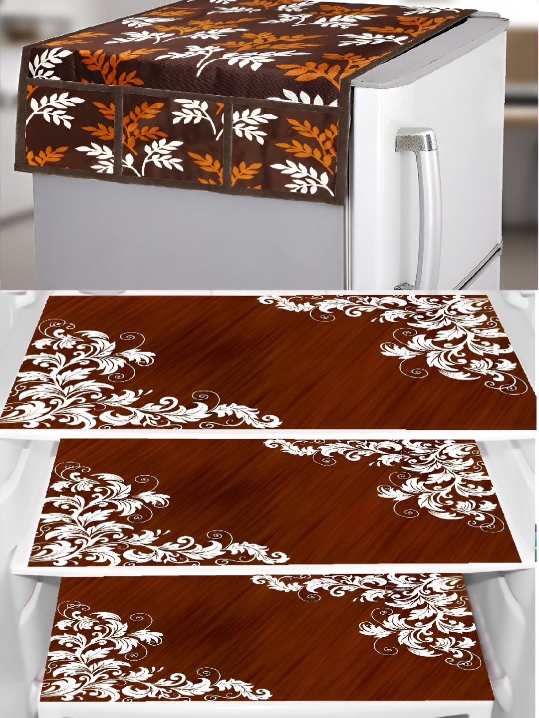 

REVEXO Brown & White 4Pcs Printed Refrigerator covers & Mats