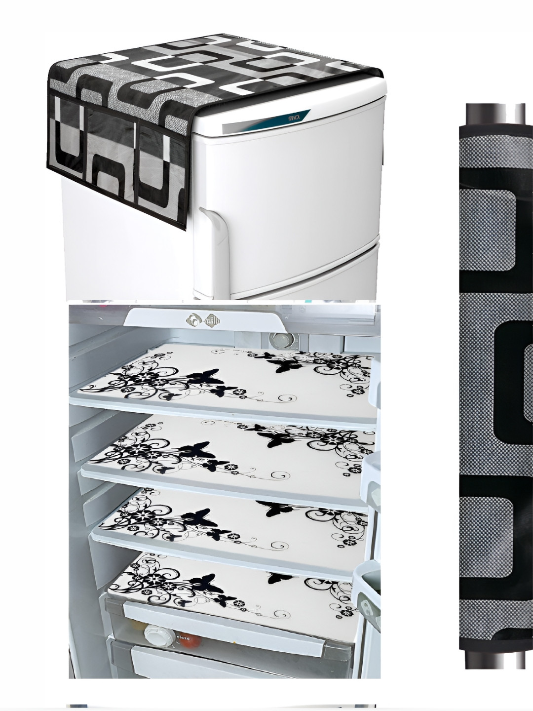 

REVEXO Black & White 5 Pieces Printed Fridge Top Cover Handle Covers & Mats