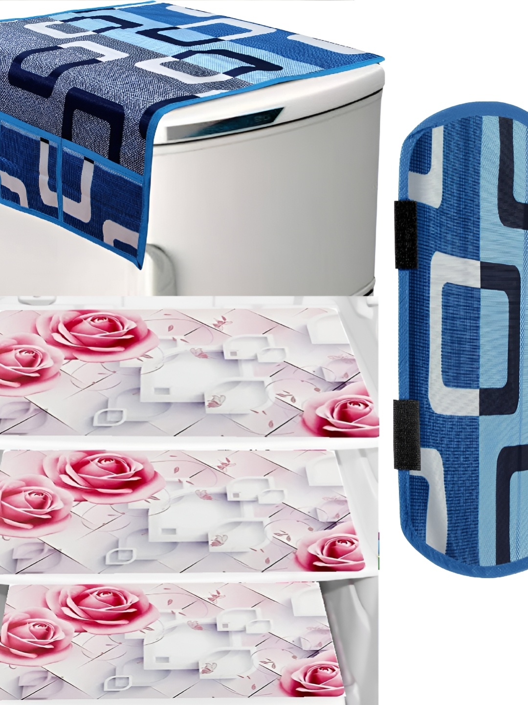 

REVEXO Blue & White 5 Pieces Refrigerator covers, Mats & Handle Cover