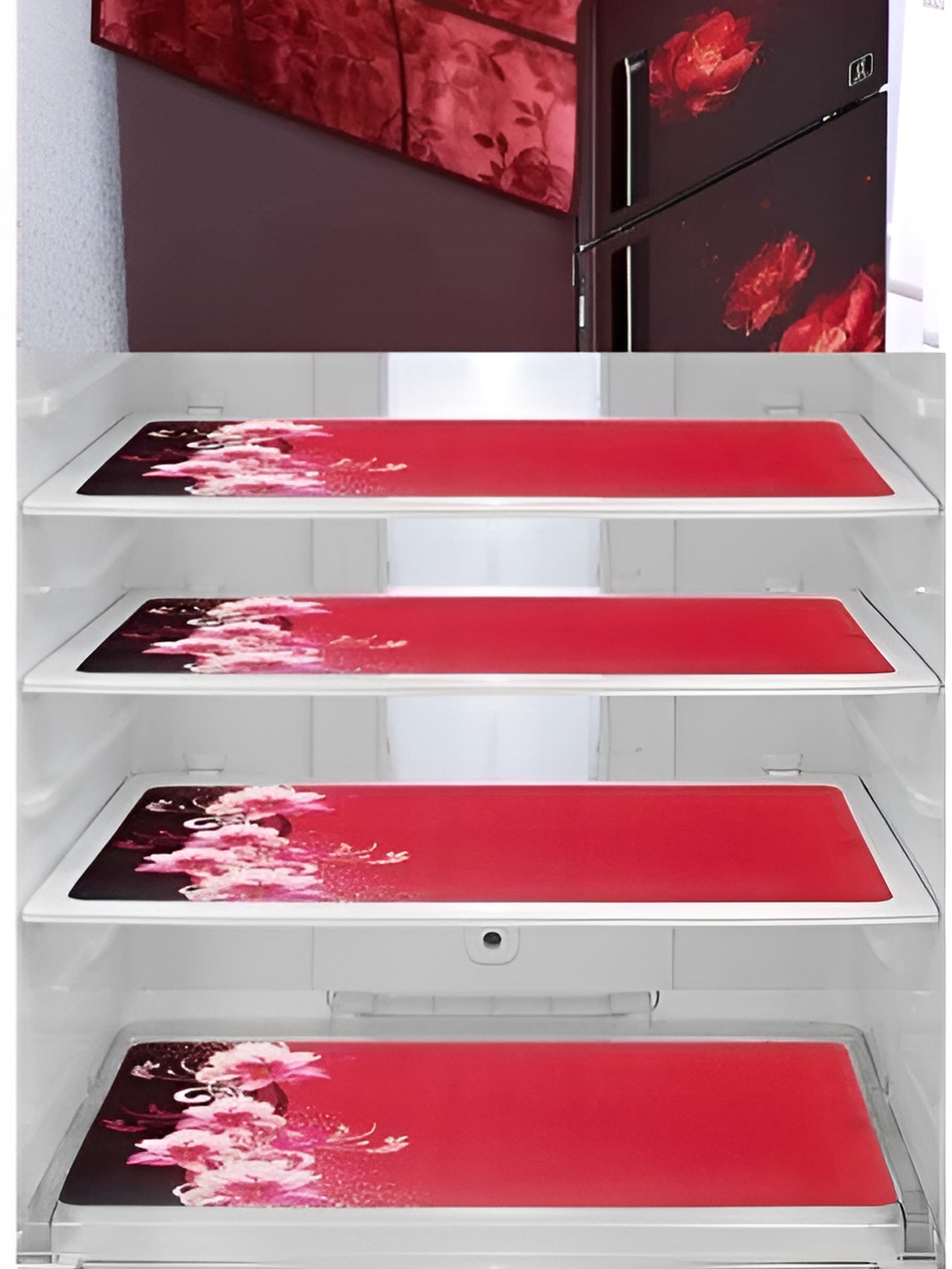 

REVEXO Red & White 5 Pieces Printed Fridge Top Cover & Mats