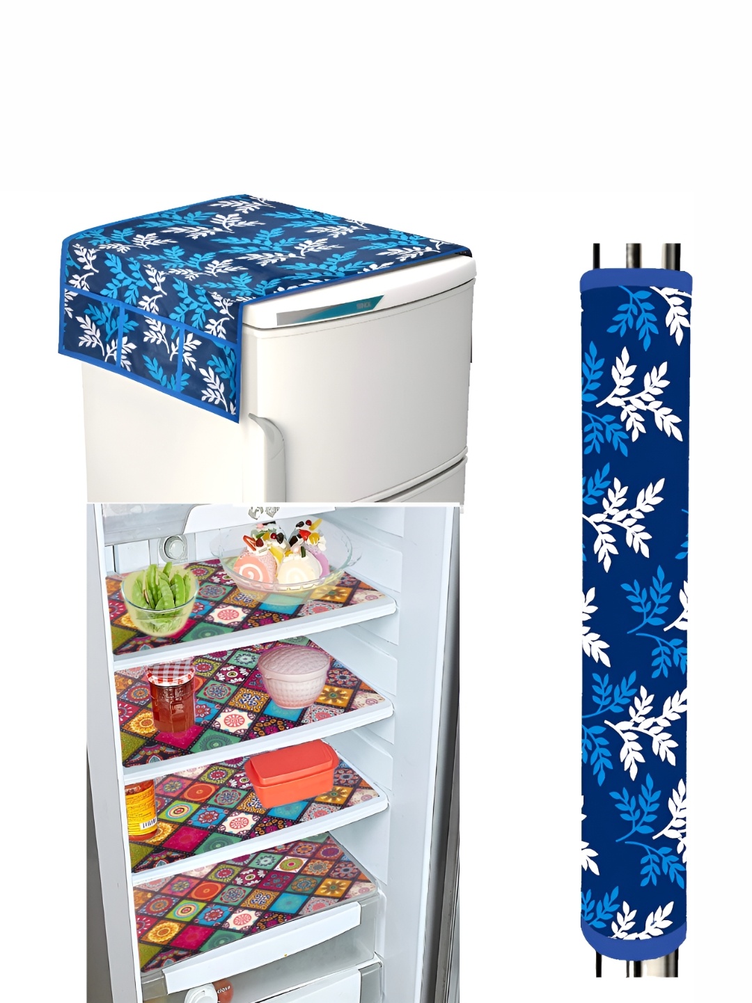 

REVEXO Blue & White 6 Pieces Refrigerator covers, Mats & Handle Cover