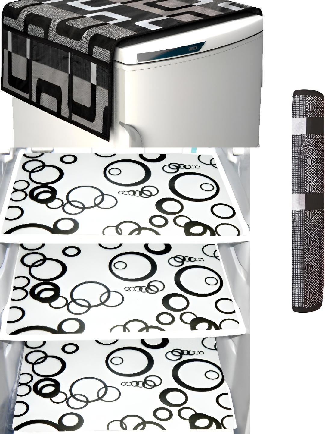 

REVEXO Black & White 5 Pieces Printed Fridge Appliance Cover With mats & Handles