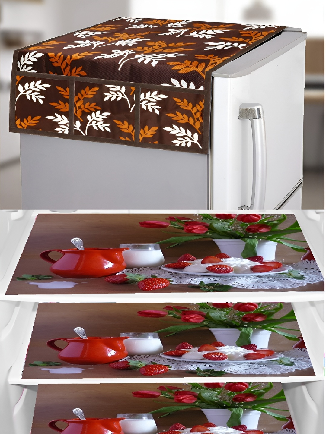 

REVEXO Brown & Red 4 Pieces Printed Fridge Top Cover & Mats